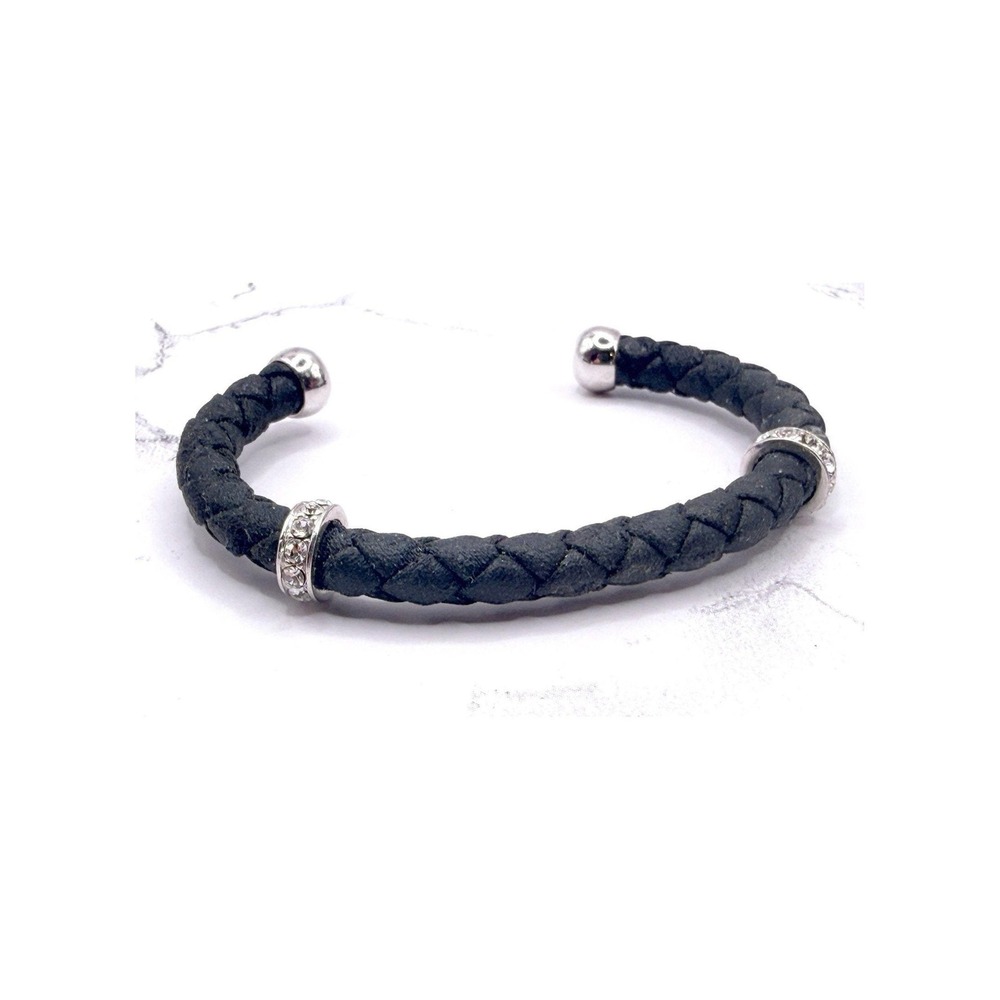 Premier Designs Braided Cuff Bracelet Black Rhinestone Silver 8" x 1/4"
